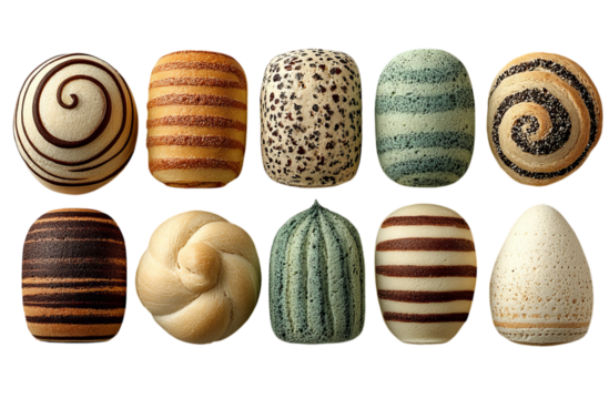 A variety of sweet pastries arranged in rows on the left side, each with striped patterns and shades of brown, beige isolated on a transparent background in PNG format.