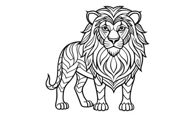 West African Lion vector t shirt design silhouette and detailed line art, high-quality illustration, perfect for adult coloring books, stress relief, relaxation, and printable art therapy.