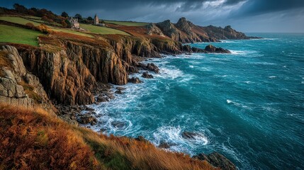 Fototapeta premium Dramatic coastal landscape with rugged cliffs, blue ocean waves, and stormy skies