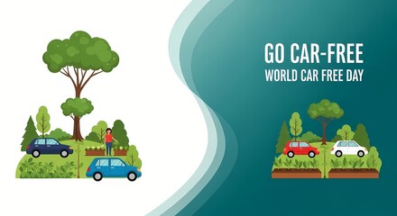 Go car-free day concept with nature and urban car-free scenes for environment awareness campaigns
