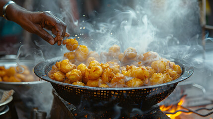 Delicious Street Food: Golden Fried Bites, Savory Snack Preparation