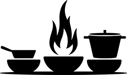 Silhouette of a traditional cooking fire setup with pots, creating a meal