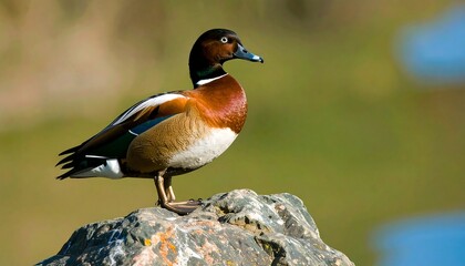 Elegant ringed teal duck perched proudly on a weathered rock pedestal