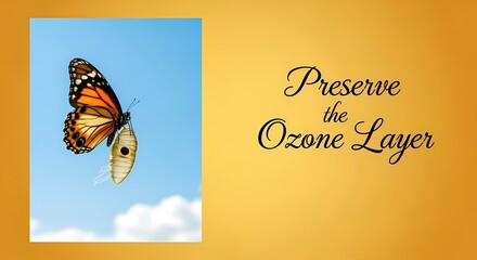 Preserve the ozone layer concept with monarch butterfly and chrysalis on bright sky background for environmental awareness campaign
