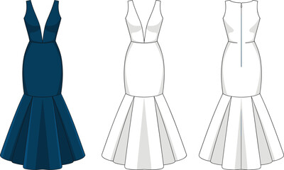 Elegant mermaid dress, deep V-neck, fitted bodice, flared skirt, sleeveless evening gown, formal wear, chic design, fashion illustration, women’s style, cad drawing flat vector illustration