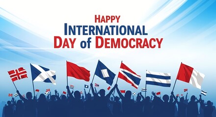 Naklejka premium Celebrating international day of democracy with diverse flags and silhouetted crowd illustrating freedom and unity