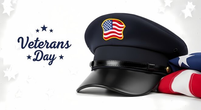 Veterans day concept with military cap and american flag for commemoration and honor celebrations