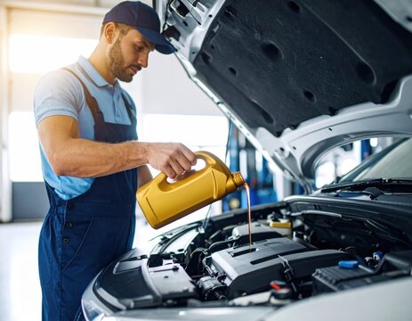 Professional car mechanic pouring oil into an engine during routine maintenance at the auto repair shop.