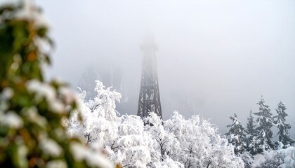 A metal tower stands amidst snowy mountain trees shrouded in a thick fog.