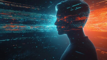Futuristic male profile with glowing red and blue data streams symbolizing artificial intelligence, digital technology and virtual reality