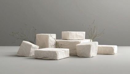 Minimalist stone podium arrangement with subtle plant accents, ideal for product display and presentation in a modern, abstract studio setting with copy space