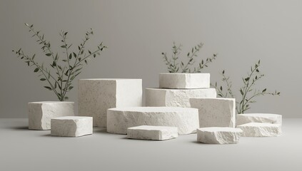Sophisticated stone podium setup with lush plant decorations, perfect for showcasing products in a modern and natural setting with ample copy space