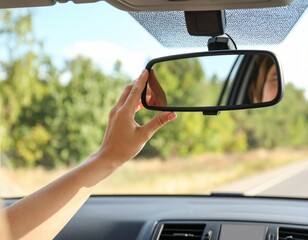 A woman is adjusting the rearview mirror in her car while driving on a sunny day.