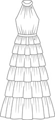 Elegant tiered evening gown, halter neck dress design, formal layered maxi dress, CAD drawing flat vector illustration for fashion, textile, and garment industry