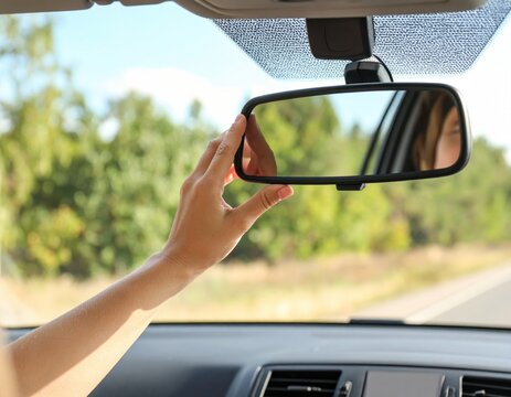 A woman is adjusting the rearview mirror in her car while driving on a sunny day. - Powered by Adobe
