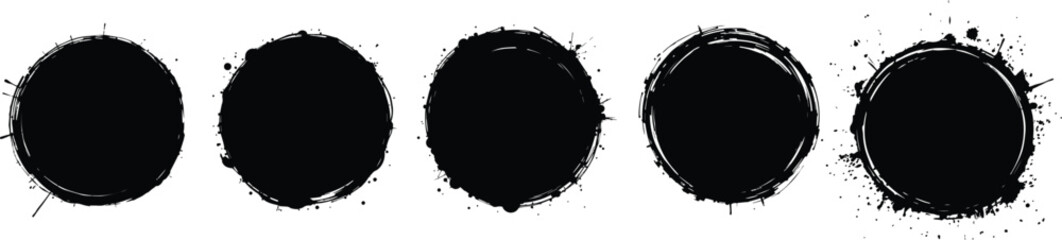 Collection of red and black painted circles with brush stroke textures, featuring abstract zen inspired round shapes, rustic sumi ink design elements, and hand drawn artistic spots.