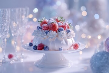 Elegant pavlova dessert with fresh berries and cream, set against festive bokeh lights.