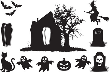 Set of halloween silhouettes black icon and character.