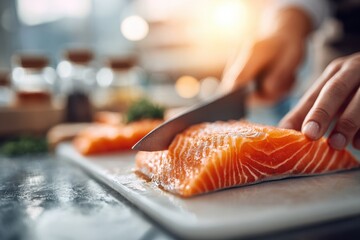 Preparing delicious fresh salmon fillet with a sharp knife in a bright kitchen.