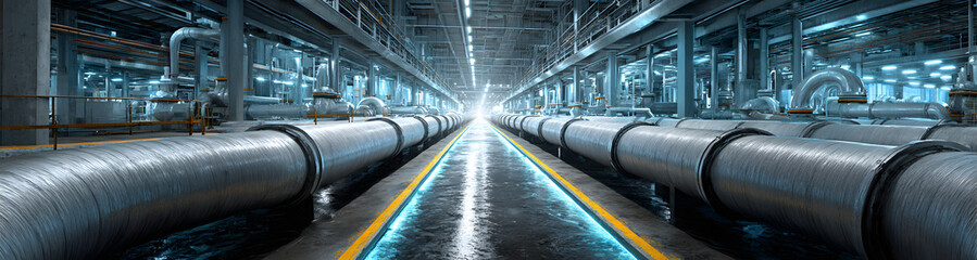 Industrial pipes leading to a modern city. A vast urban underground pipeline infrastructure for fluid transport. Sewerage system banner.
