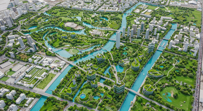 Overhead view of a futuristic smart city model with sustainable infrastructure, green spaces, and advanced water management, a concept of future urban planning. - Powered by Adobe