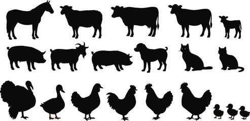 Farm Animal Silhouettes, Vector Illustration Set Featuring Horse, Sheep, Cow, Pig, Goat, Dog, Cat, Turkey, Duck, Chicken, and Duckling Silhouettes