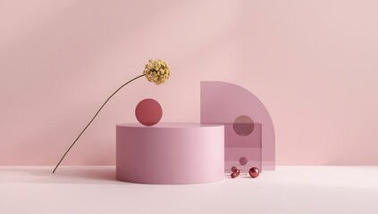 Minimalist product showcase with a pink cylinder podium, sphere, and flower, set against a geometric backdrop with soft shadows for presentation