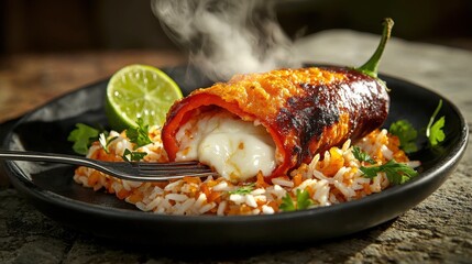 Chili rellenos with stuffed poblano pepper on Spanish rice, fork piercing through to display melted cheese center, garnished with cilantro and lime wedge