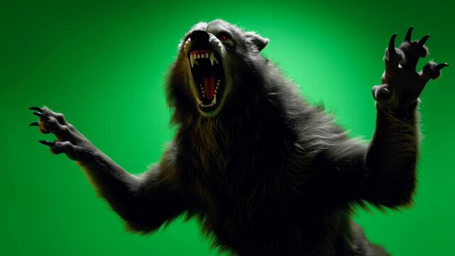 Menacing Werewolf Figure Howling in Darkness Against Eerie Green Backdrop
