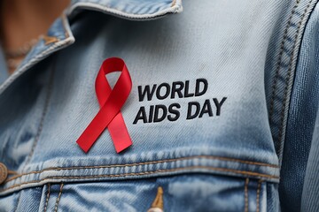 Show your support with a vibrant red ribbon for World AIDS Day on a denim jacket, promoting awareness and unity for an important global cause