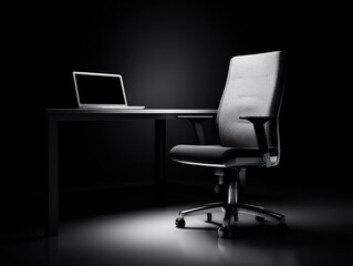 A modern office chair and laptop on a desk in a dark, atmospheric setting with dramatic lighting