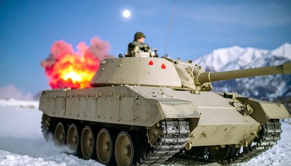 Naklejka premium A military tank fires a round on a snowy terrain, smoke billowing in the crisp air against a backdrop of mountains.