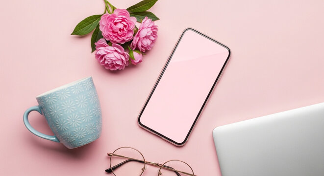 Feminine workspace flat lay featuring a mobile phone flowers laptop and coffee mug