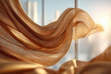 Warm sunlight illuminates elegant golden sheer fabric gently flowing indoors.