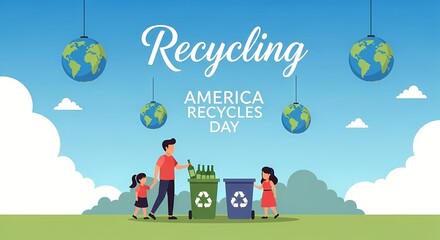 America recycles day celebration with family participating in recycling effort under globe decor