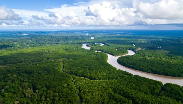 A sprawling river winds through a lush green forest canopy, showcasing a vibrant natural landscape from above.