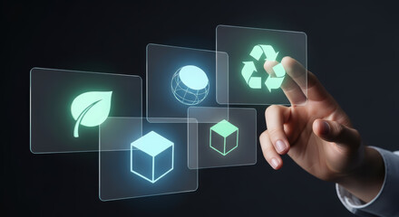 Hand interacting with transparent digital interface displaying eco-friendly icons like leaf, globe, cube, and recycling symbol, representing sustainability and technology concepts