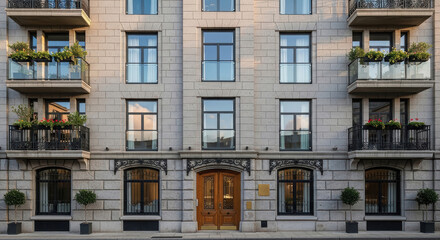 Obraz premium Elegant modern building facade featuring large windows, decorative balconies adorned with plants, and a welcoming entrance, showcasing architectural beauty and urban living