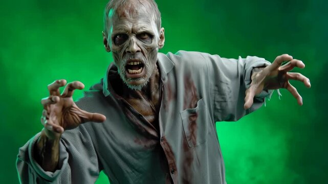 Terrifying Zombie Character with Pale Skin and Outstretched Hands in Dark Green Misty Environment