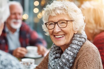 Happy senior woman with glasses smiling at an outdoor cafe with friends