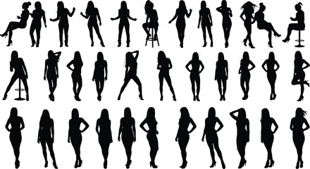 Female silhouette poses set, women standing sitting dancing collection, cad drawing flat vector illustration, black white figure sketch design