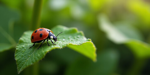 Fototapeta premium Red ladybug on a dewy green leaf in a vertical garden. Concept of urban gardening, biophilic architecture, and sustainable city living.