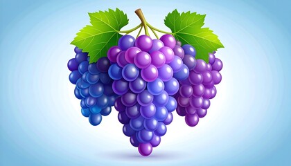 Vibrant purple and blue grapes on a light blue background display a juicy, healthy fruit.