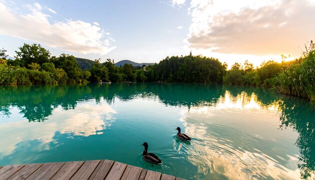 Two ducks glide across a tranquil turquoise lake at sunset, framed by lush greenery and a serene atmosphere.