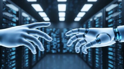 Futuristic Data Center with AI Visualization - A high-tech data center featuring rows of servers, illuminated by a digital network overlay of glowing blue and white points and lines, symbolizing - Powered by Adobe