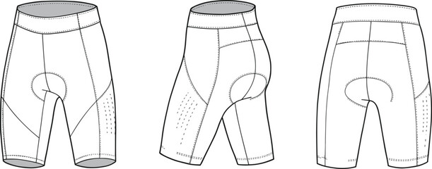 Cycling Shorts in Tech Illustration: A meticulously drawn technical illustration showcases cycling shorts, highlighting design and function. Perfect for activewear promotions, technical documents.