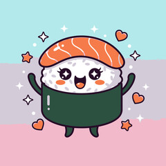 Fototapeta premium Adorable kawaii salmon sushi character with a cheerful expression, sparkling eyes, and arms raised in joy.