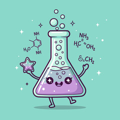 Cartoon Erlenmeyer Flask Character with Purple Liquid and Star Wand