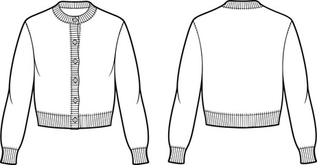 Flat vector CAD drawing of button-up crew neck cardigan with ribbed hem and cuffs, technical front and back fashion sketch design