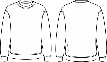 Flat vector CAD drawing of basic crew neck sweatshirt design, front and back view, long sleeves fashion sketch template